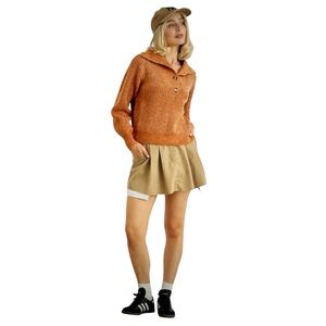 Rust Wool Knit Button-Up Neck Crop Sweater Pullover